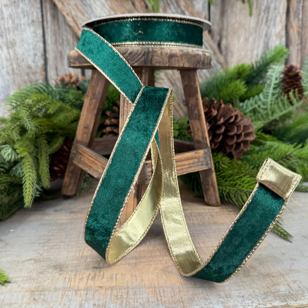 1" Emerald Green Velvet ribbon with metallic gold backing