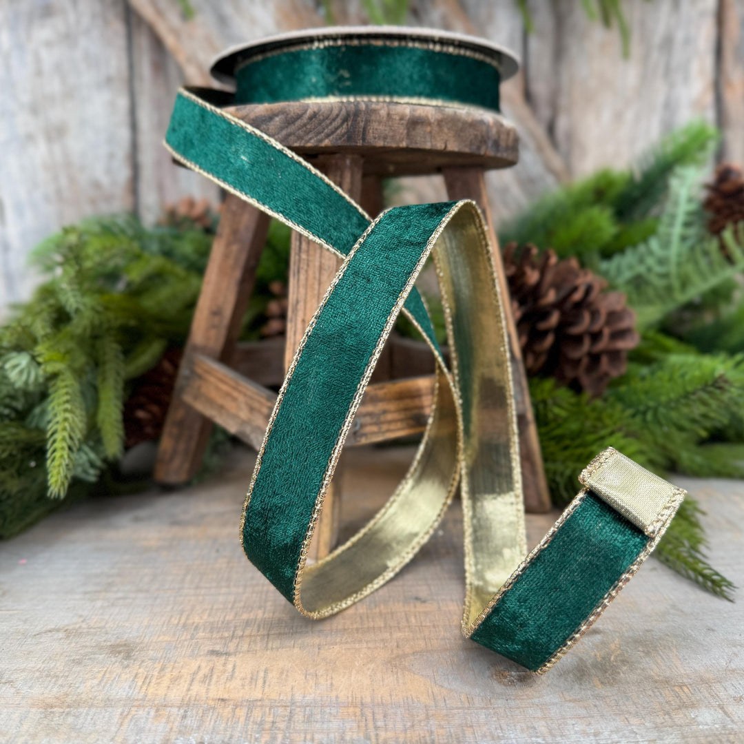 1" Emerald Green Velvet ribbon with metallic gold backing
