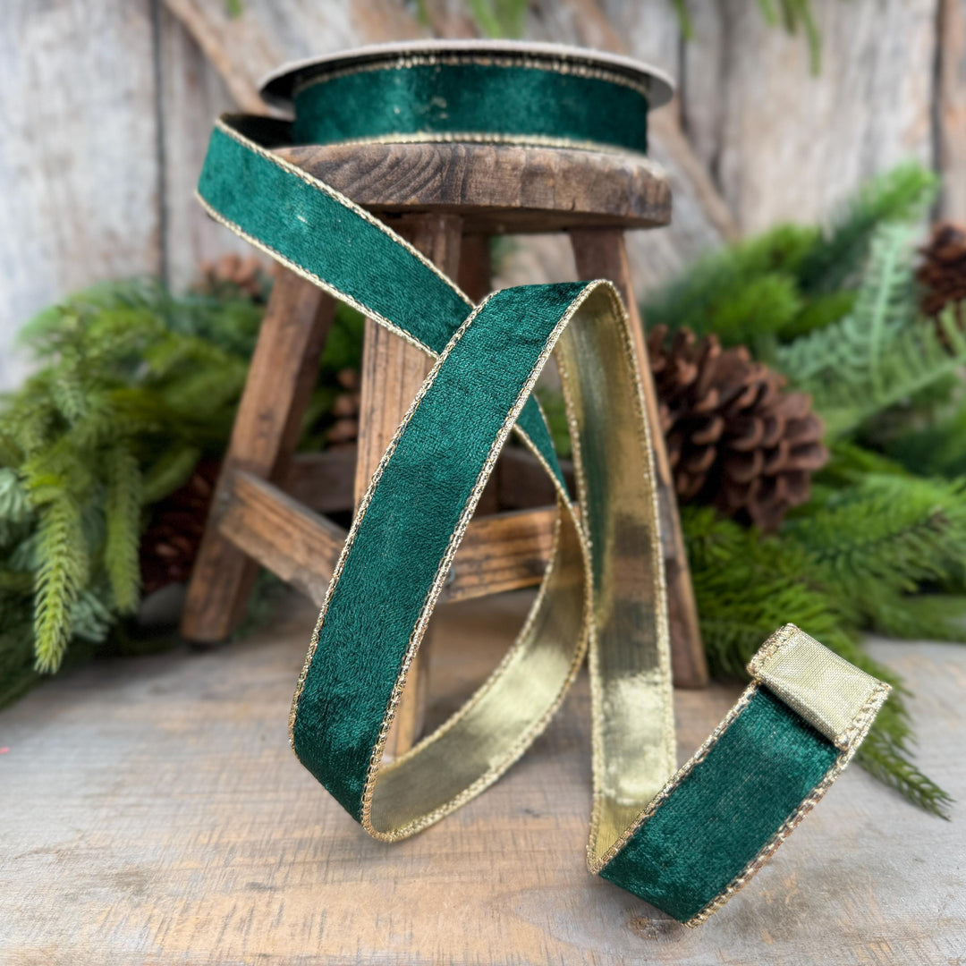 1" Emerald Green Velvet ribbon with metallic gold backing