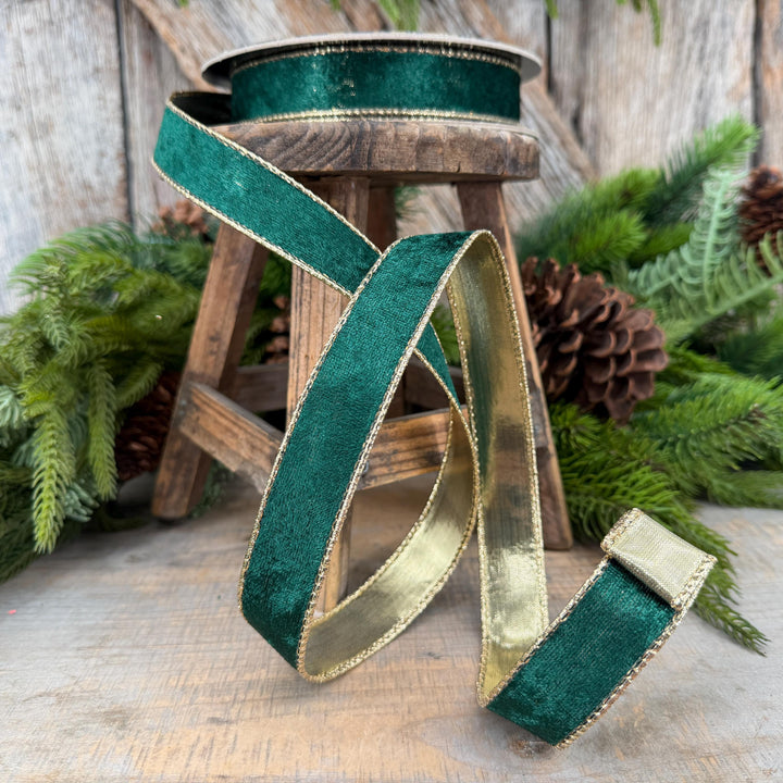 1" Emerald Green Velvet ribbon with metallic gold backing