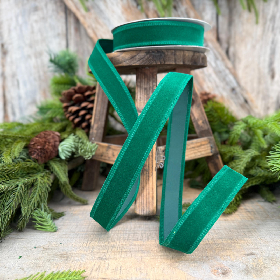 7/8" Green Velvet Ribbon, Green Ribbon, Flocked Ribbon, Narrow Ribbon, Christmas Ribbon, Gift Wrap Ribbon