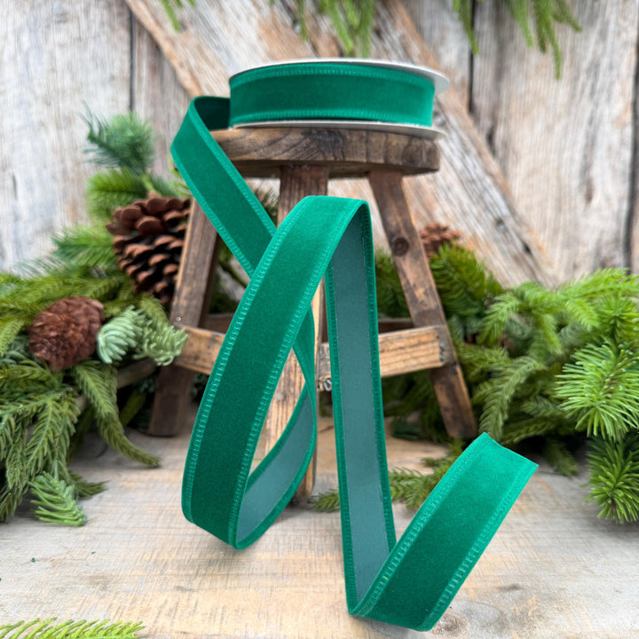 7/8" Green Velvet Ribbon, Green Ribbon, Flocked Ribbon, Narrow Ribbon, Christmas Ribbon, Gift Wrap Ribbon