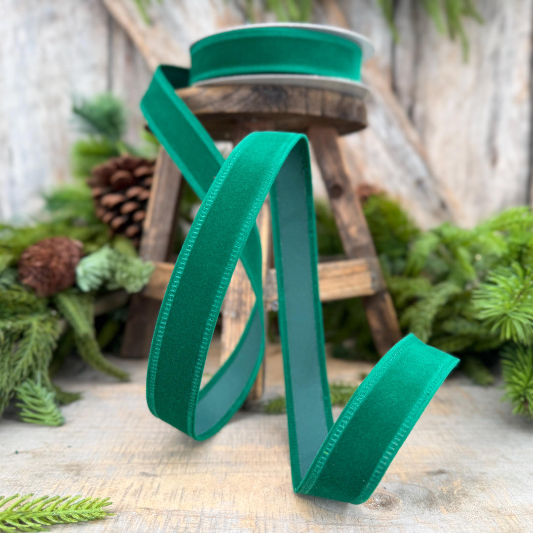 7/8" Green Velvet Ribbon, Green Ribbon, Flocked Ribbon, Narrow Ribbon, Christmas Ribbon, Gift Wrap Ribbon