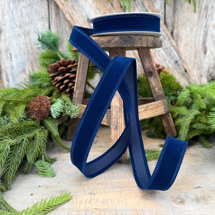 7/8" Navy Blue Velvet Ribbon, Blue Ribbon, Flocked Ribbon, Narrow Ribbon, Christmas Ribbon, Gift Wrap Ribbon