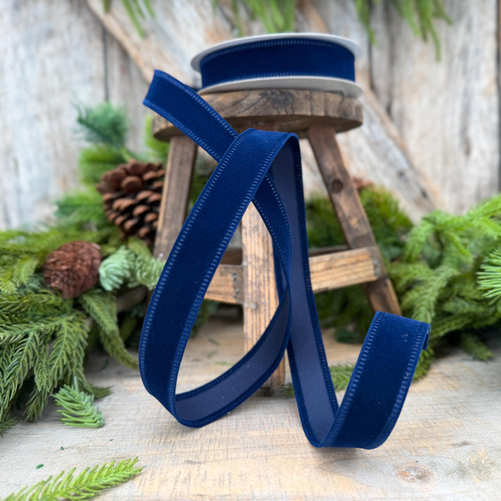7/8" Navy Blue Velvet Ribbon, Blue Ribbon, Flocked Ribbon, Narrow Ribbon, Christmas Ribbon, Gift Wrap Ribbon