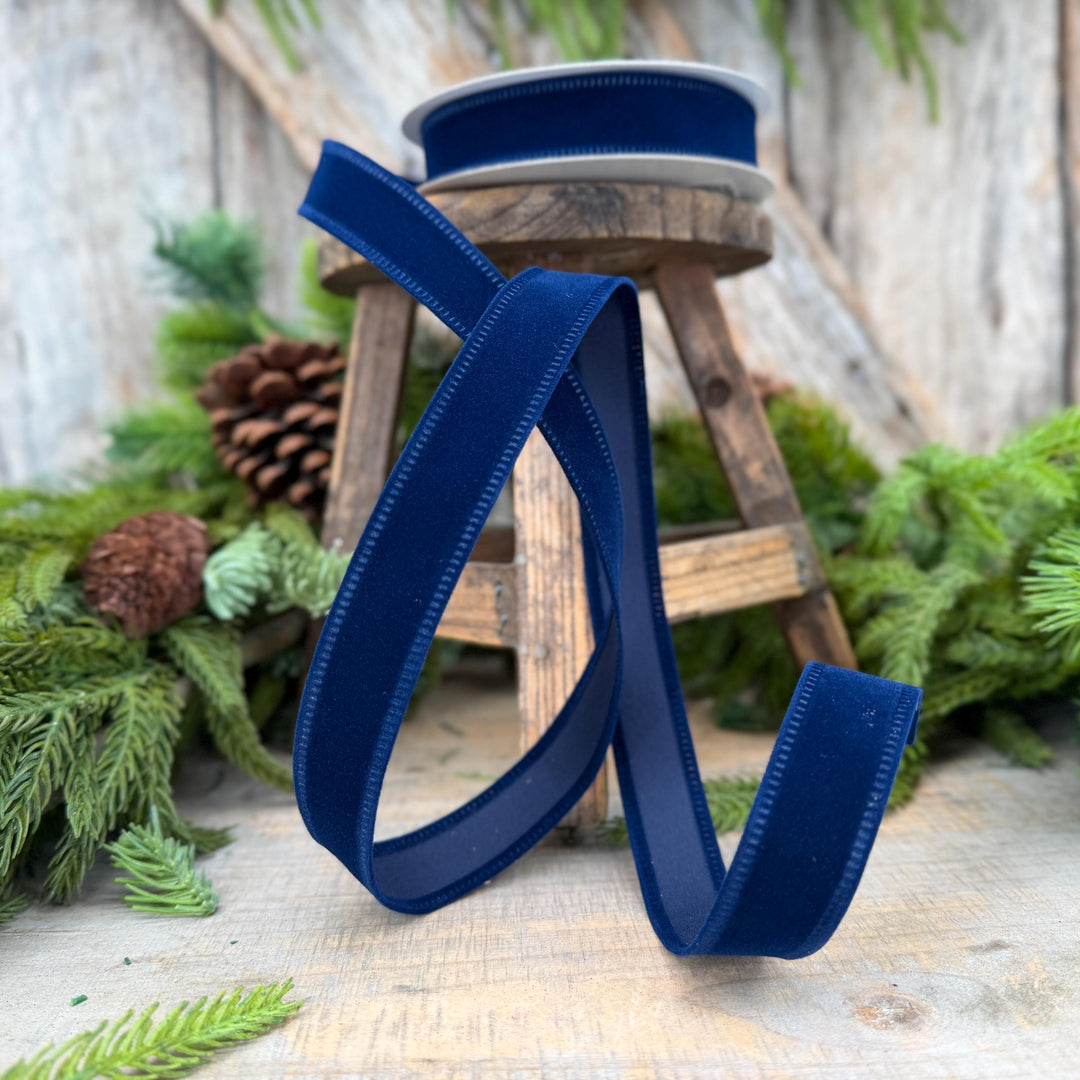 7/8" Navy Blue Velvet Ribbon, Blue Ribbon, Flocked Ribbon, Narrow Ribbon, Christmas Ribbon, Gift Wrap Ribbon