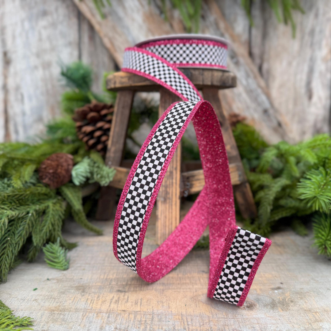 1" Black White Check Hot Pink Glitter Wired Ribbon, 10 Yard Roll