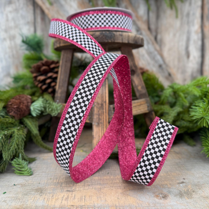 1" Black White Check Hot Pink Glitter Wired Ribbon, 10 Yard Roll