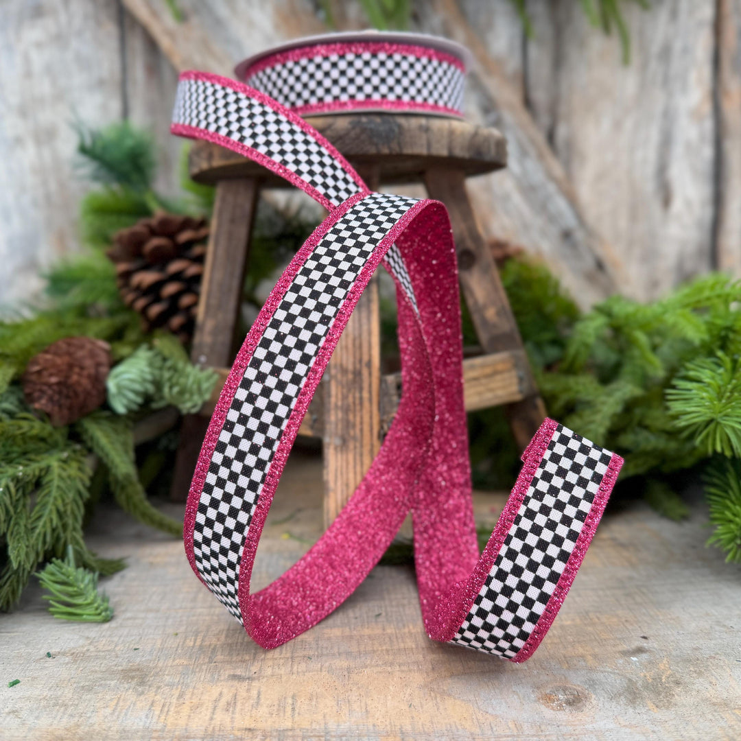 1" Black White Check Hot Pink Glitter Wired Ribbon, 10 Yard Roll