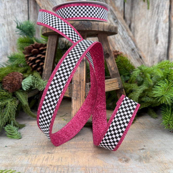 1" Black White Check Hot Pink Glitter Wired Ribbon, 10 Yard Roll