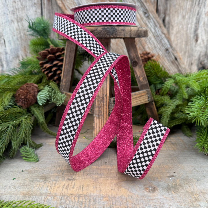 1" Black White Check Hot Pink Glitter Wired Ribbon, 10 Yard Roll