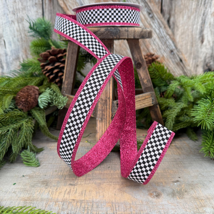 1" Black White Check Hot Pink Glitter Wired Ribbon, 10 Yard Roll