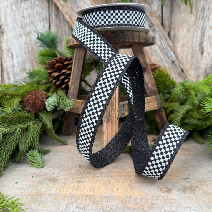 1" Black White Check Ribbon