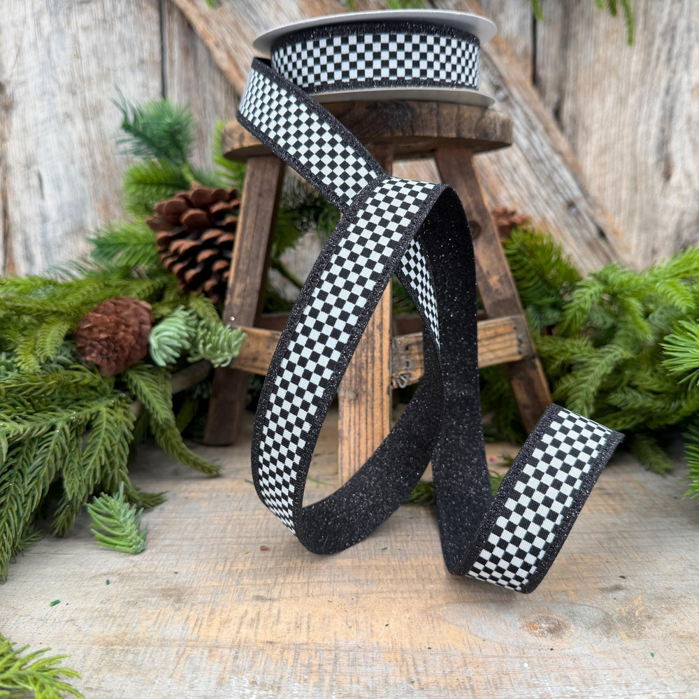 1" Black White Check Ribbon