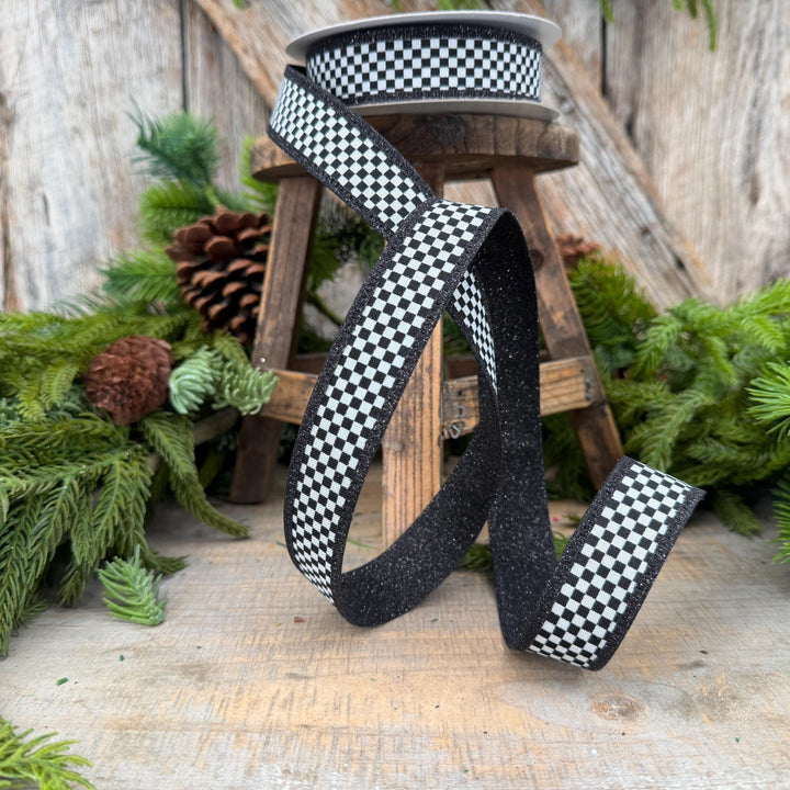 1" Black White Check Ribbon