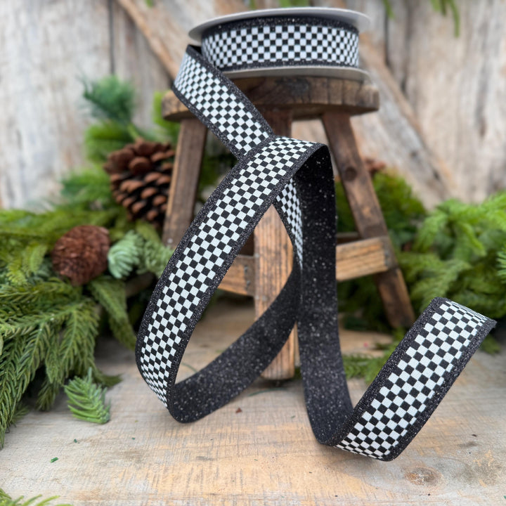 1" Black White Check Ribbon