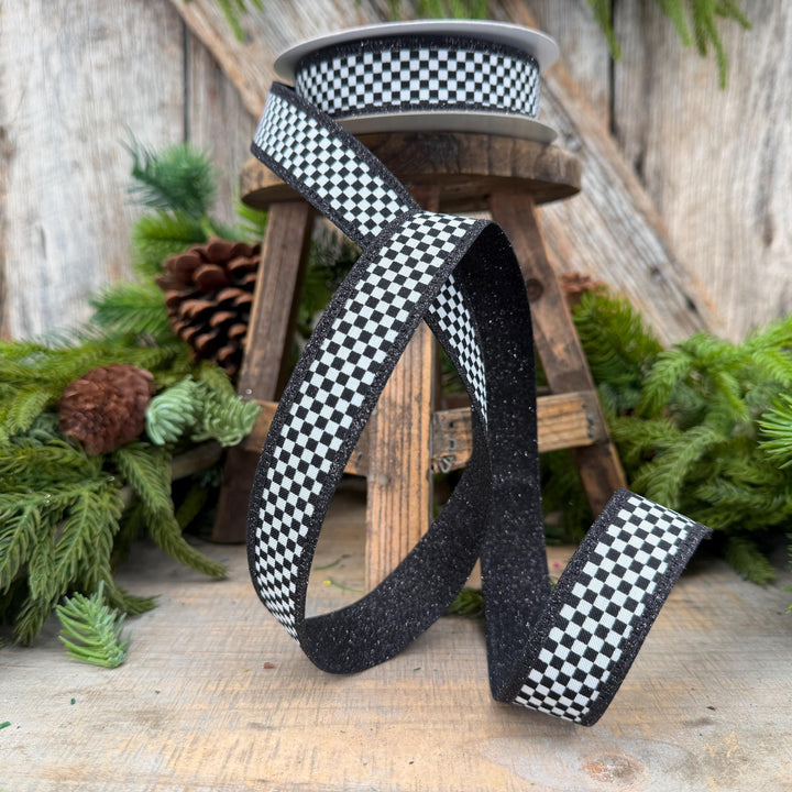 1" Black White Check Ribbon