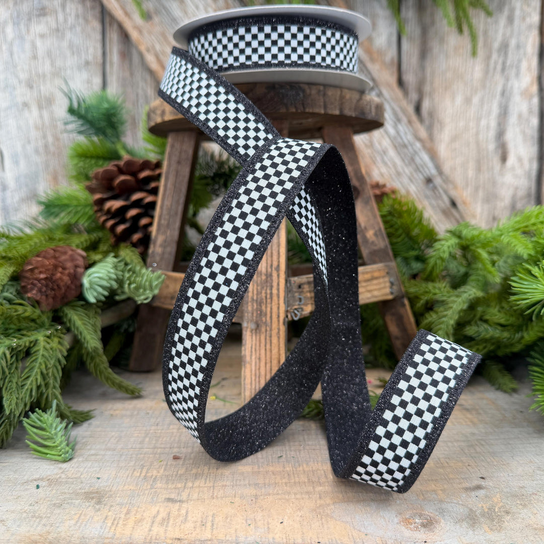 1" Black White Check Ribbon