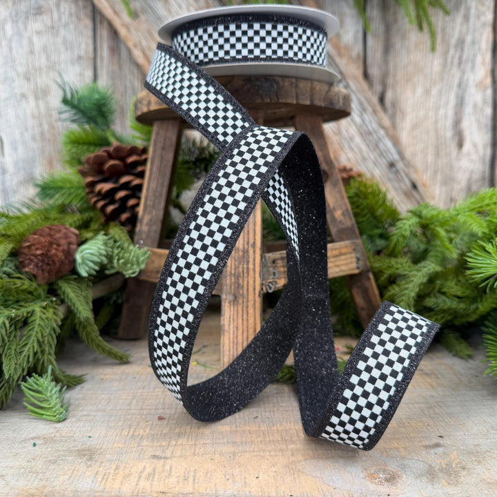 1" Black White Check Ribbon
