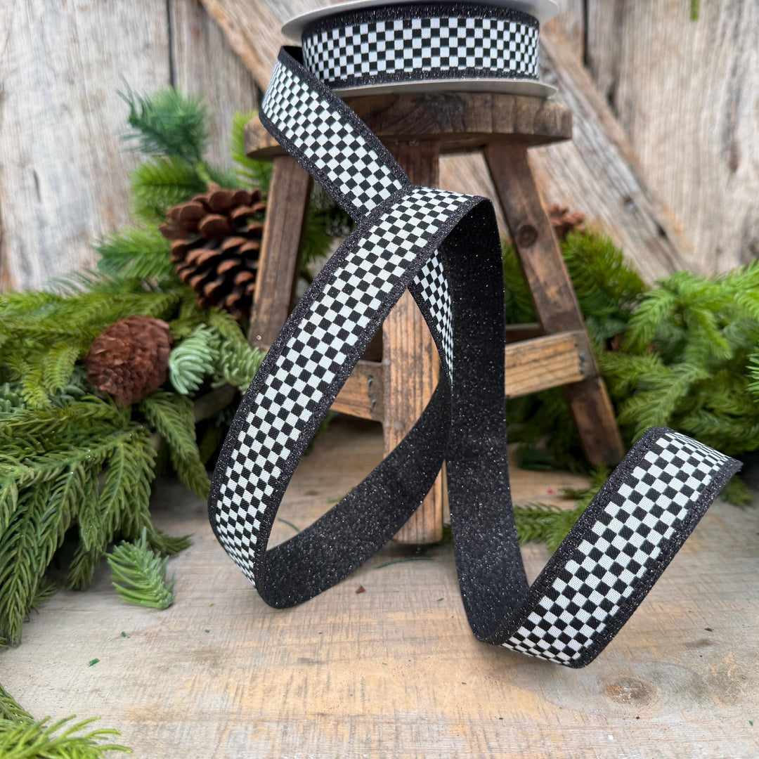 1" Black White Check Ribbon