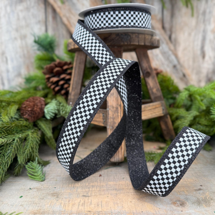 1" Black White Check Ribbon