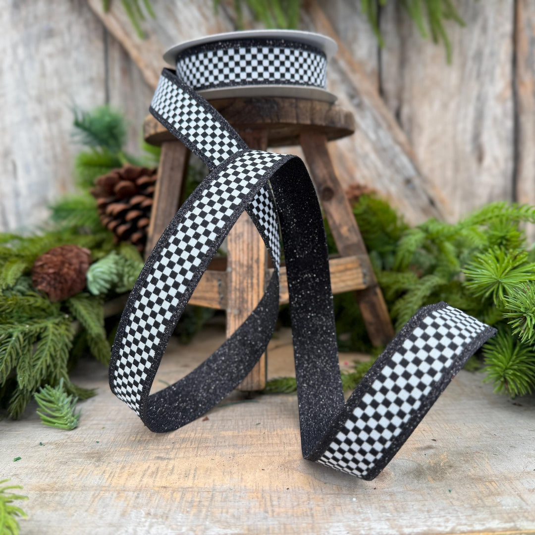 1" Black White Check Ribbon