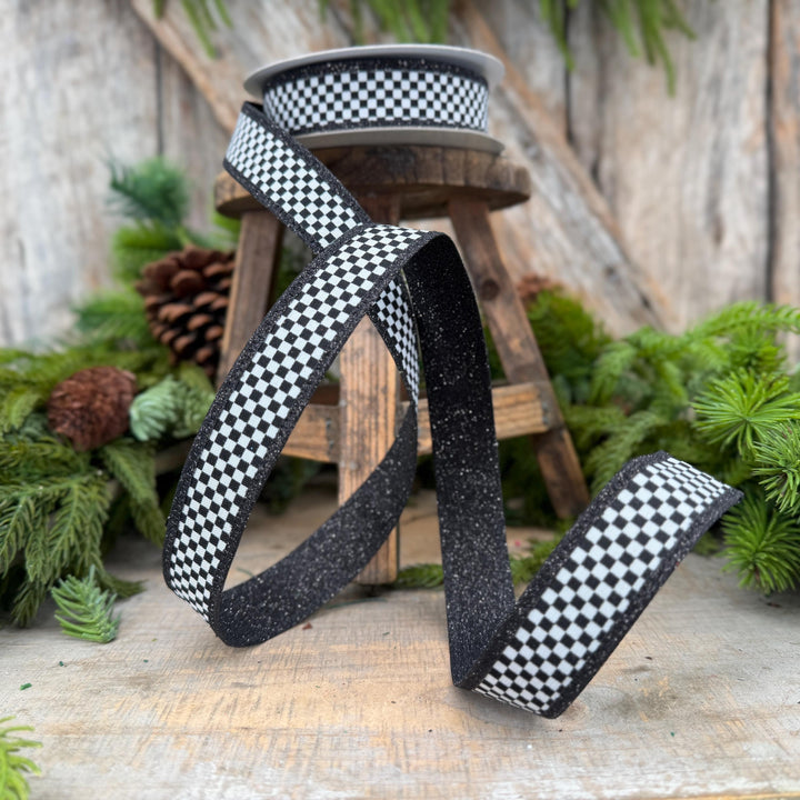 1" Black White Check Ribbon