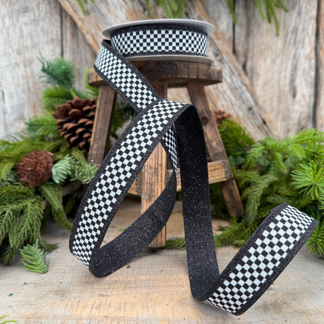 1" Black White Check Ribbon