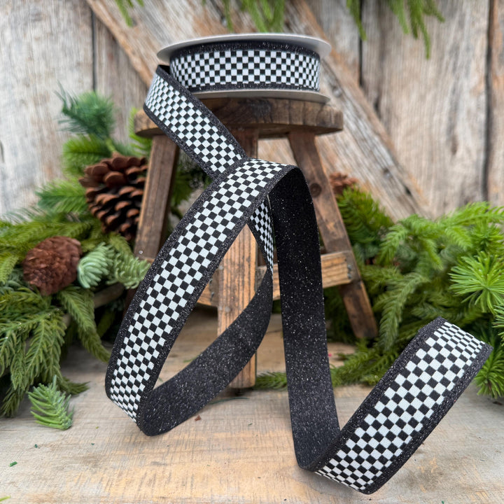 1" Black White Check Ribbon