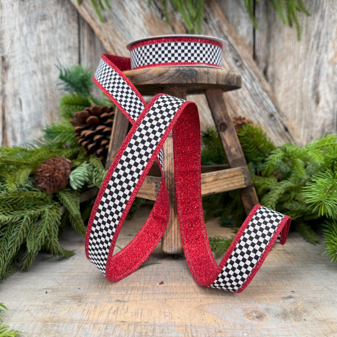 1" Red Black White Check Gold Glitter Wired Ribbon, 10 Yard Roll