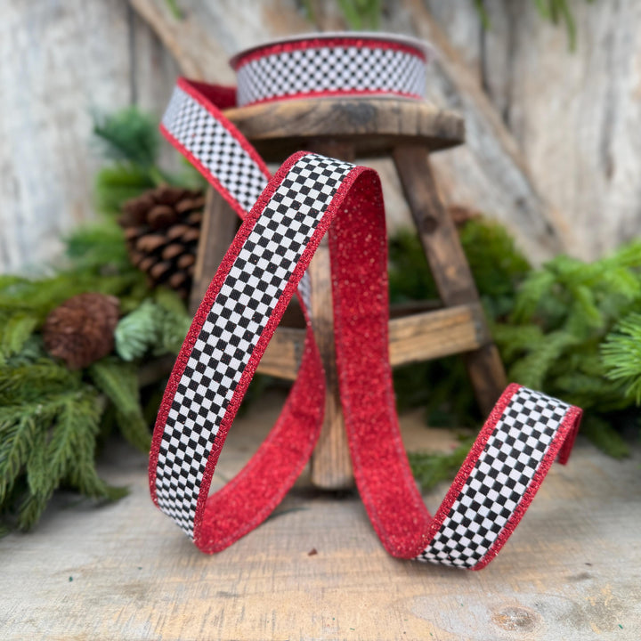 1" Red Black White Check Gold Glitter Wired Ribbon, 10 Yard Roll