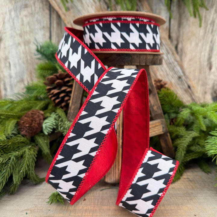 1.5" Black White Houndstooth Wired Ribbon with Red Backing | 10 Yards