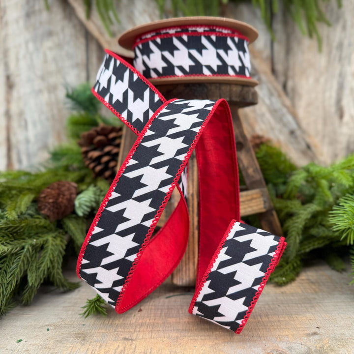 1.5" Black White Houndstooth Wired Ribbon with Red Backing | 10 Yards