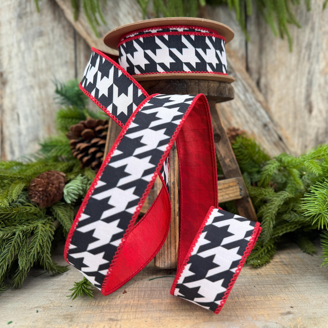 1.5" Black White Houndstooth Wired Ribbon with Red Backing | 10 Yards