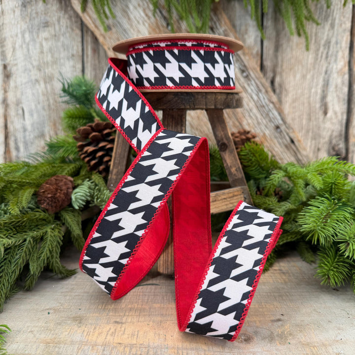 1.5" Black White Houndstooth Wired Ribbon with Red Backing | 10 Yards