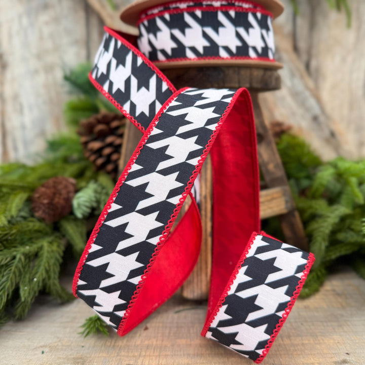 1.5" Black White Houndstooth Wired Ribbon with Red Backing | 10 Yards