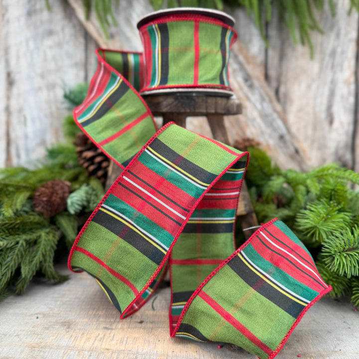 2.5" Green Tartan Christmas Plaid Ribbon, Green Red Christmas Ribb
