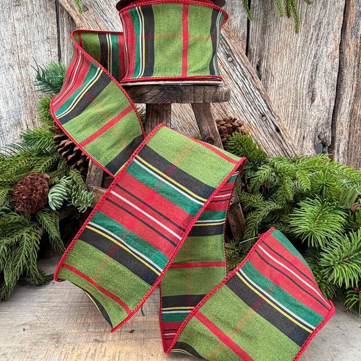 2.5" Green Tartan Christmas Plaid Ribbon, Green Red Christmas Ribb