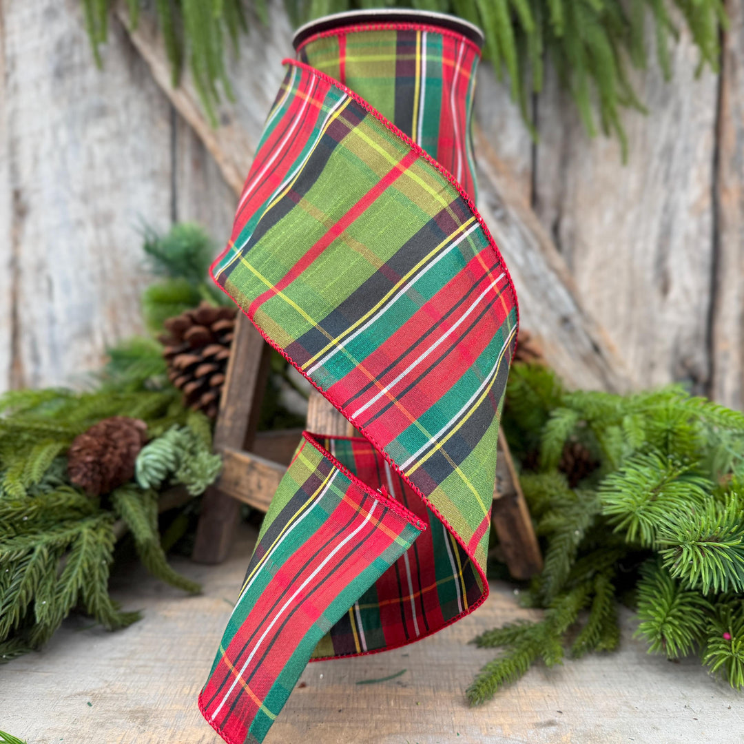 4" Green Tartan Christmas Plaid Ribbon, Green Red Christmas Ribbon