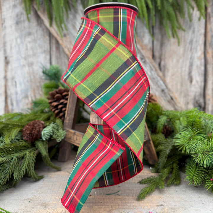 4" Green Tartan Christmas Plaid Ribbon, Green Red Christmas Ribbon