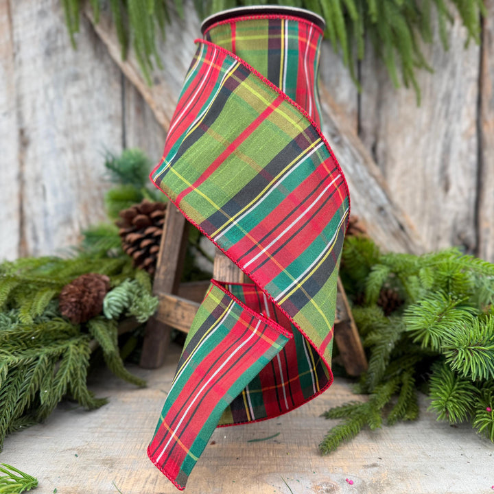 4" Green Tartan Christmas Plaid Ribbon, Green Red Christmas Ribbon