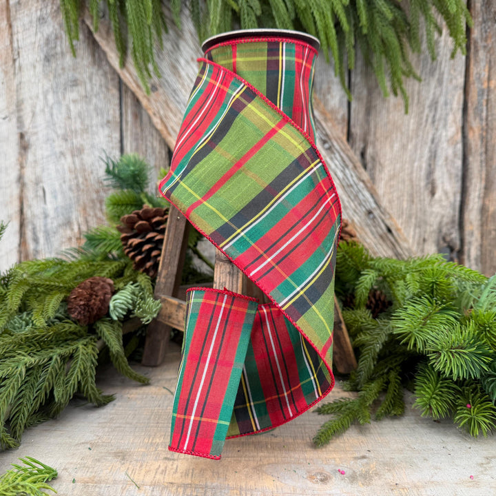 4" Green Tartan Christmas Plaid Ribbon, Green Red Christmas Ribbon