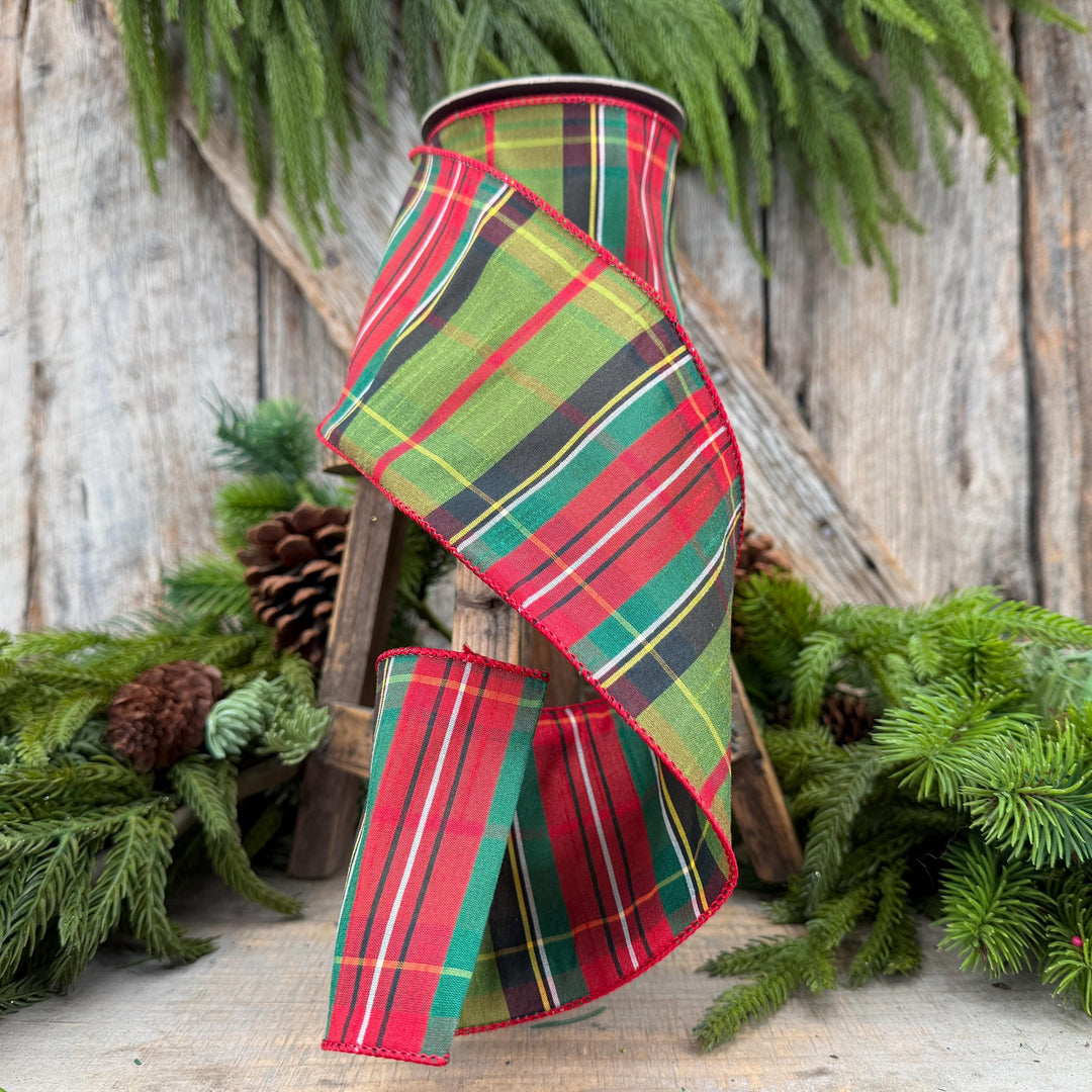 4" Green Tartan Christmas Plaid Ribbon, Green Red Christmas Ribbon