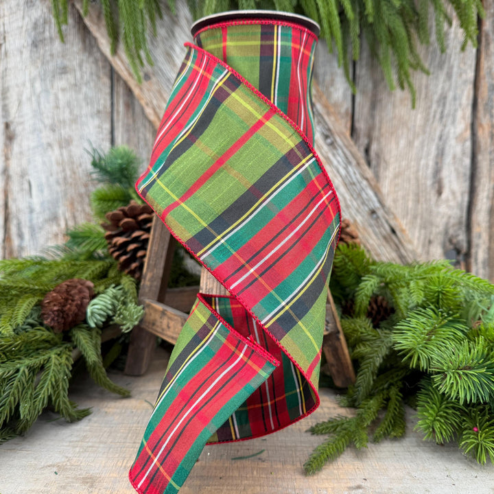 4" Green Tartan Christmas Plaid Ribbon, Green Red Christmas Ribbon