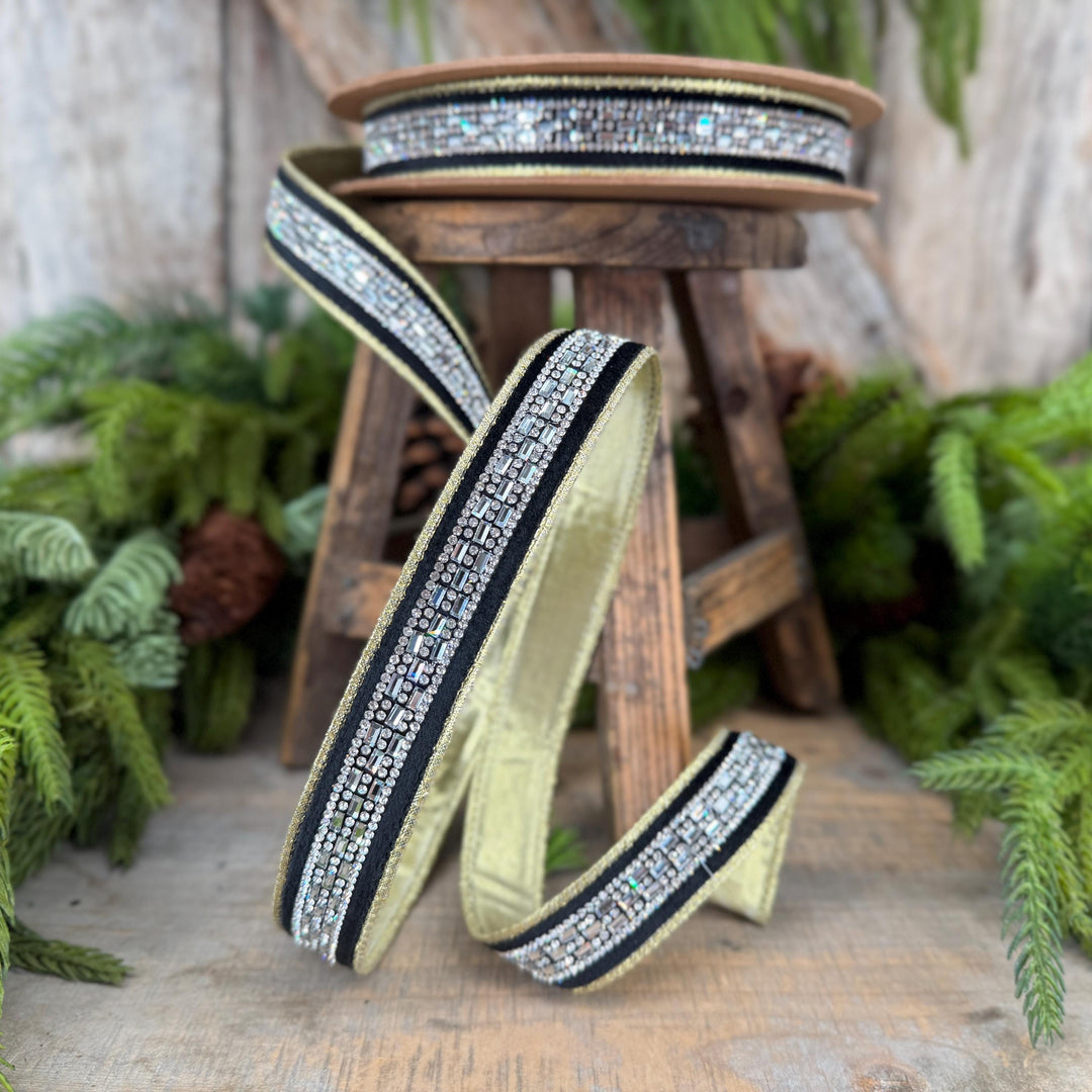 1” Black Velvet Diamond Accent Wired Ribbon, Gold Shimmer Backing