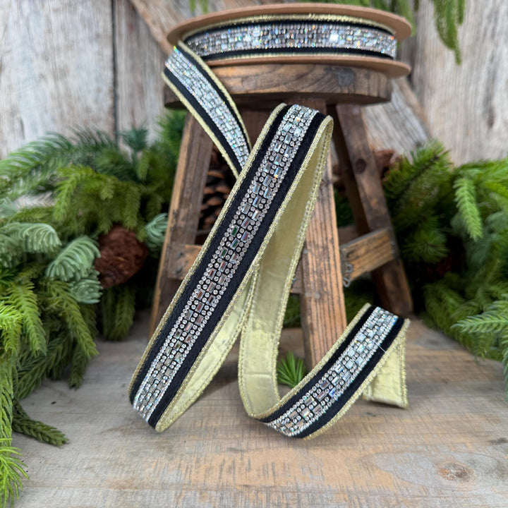 1” Black Velvet Diamond Accent Wired Ribbon, Gold Shimmer Backing, 10 Yard Roll