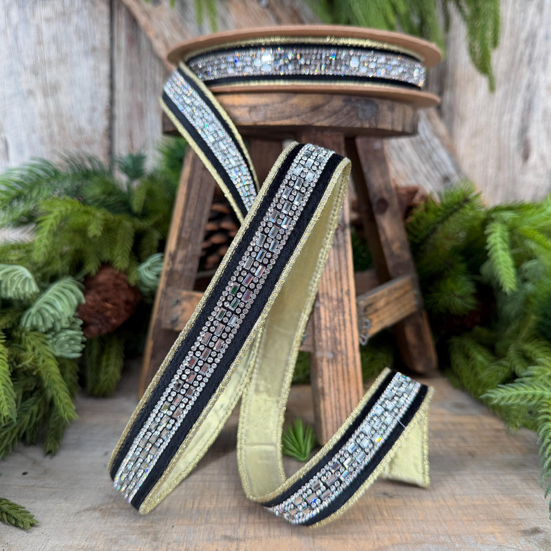 1” Black Velvet Diamond Accent Wired Ribbon, Gold Shimmer Backing, 10 Yard Roll