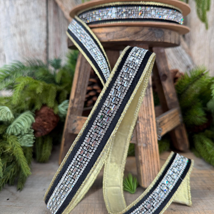 1” Black Velvet Diamond Accent Wired Ribbon, Gold Shimmer Backing, 10 Yard Roll