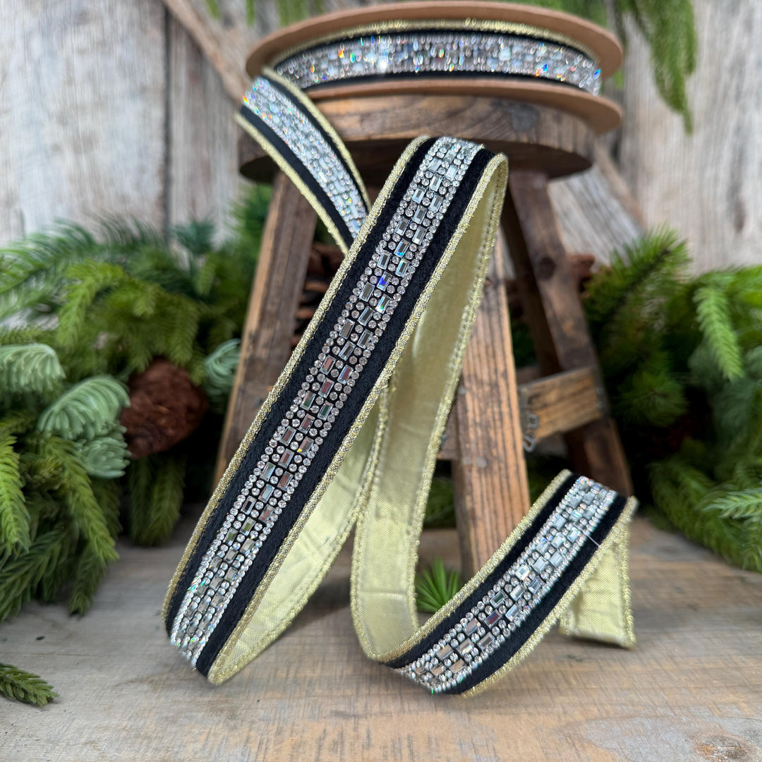 1” Black Velvet Diamond Accent Wired Ribbon, Gold Shimmer Backing, 10 Yard Roll