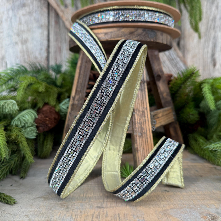 1” Black Velvet Diamond Accent Wired Ribbon, Gold Shimmer Backing, 10 Yard Roll
